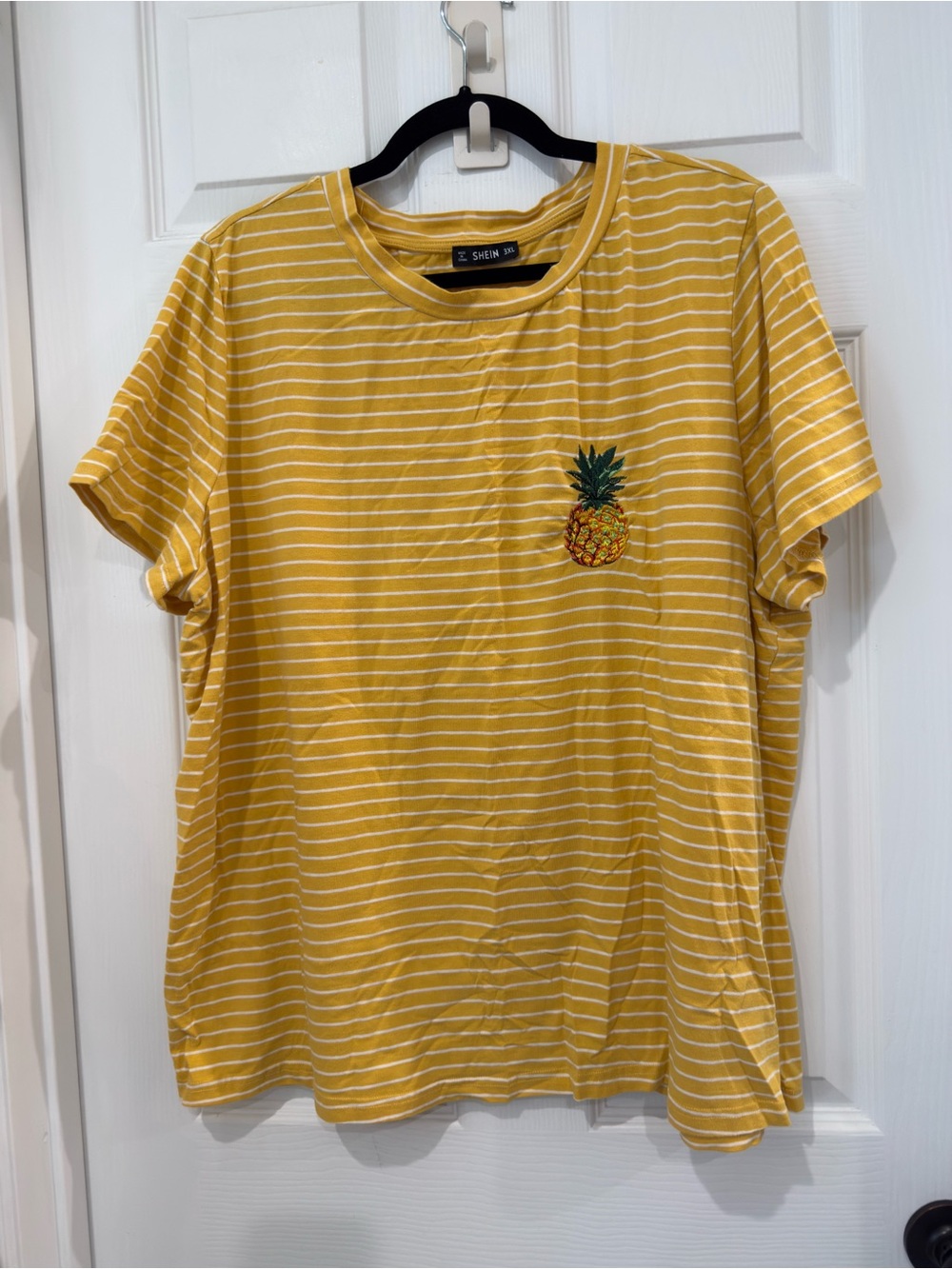 Mustard Yellow with White Stripes Pineapple Embroidered Short Sleeve Tee